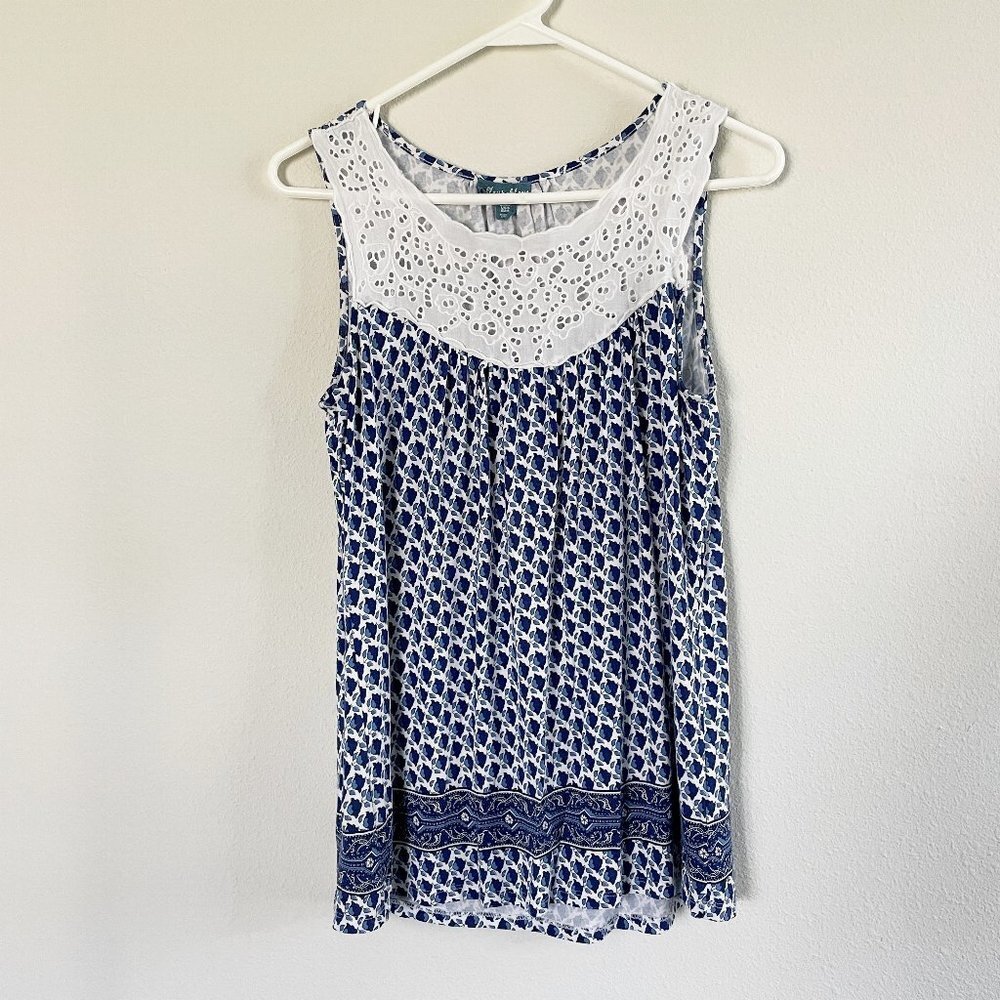 Fleur Bleue Top Womens‎ Size S Blue White Floral Eyelet Lace Sleeveless Tank